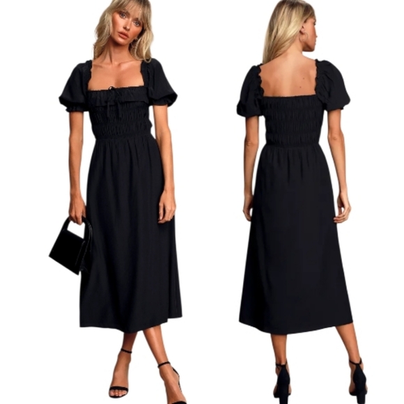 Lulus Dresses & Skirts - LULUS Nahanni Black Puff Sleeve Smocked Midi Dress - Size M